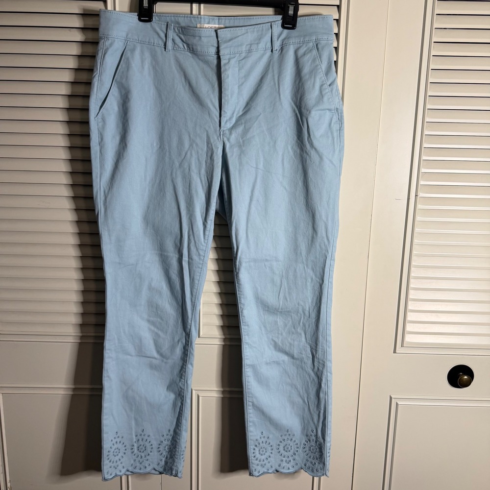 LOFT Light Blue Eyelet Scallop Hem Chino Pants Size 12 Cropped Cotton Spandex